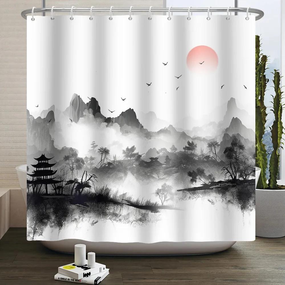 Chinese Ink Painting Landscape Shower Curtain Mountain Bamboo Modern Art Home Decor Bathroom Curtains Waterproof Shower Curtains