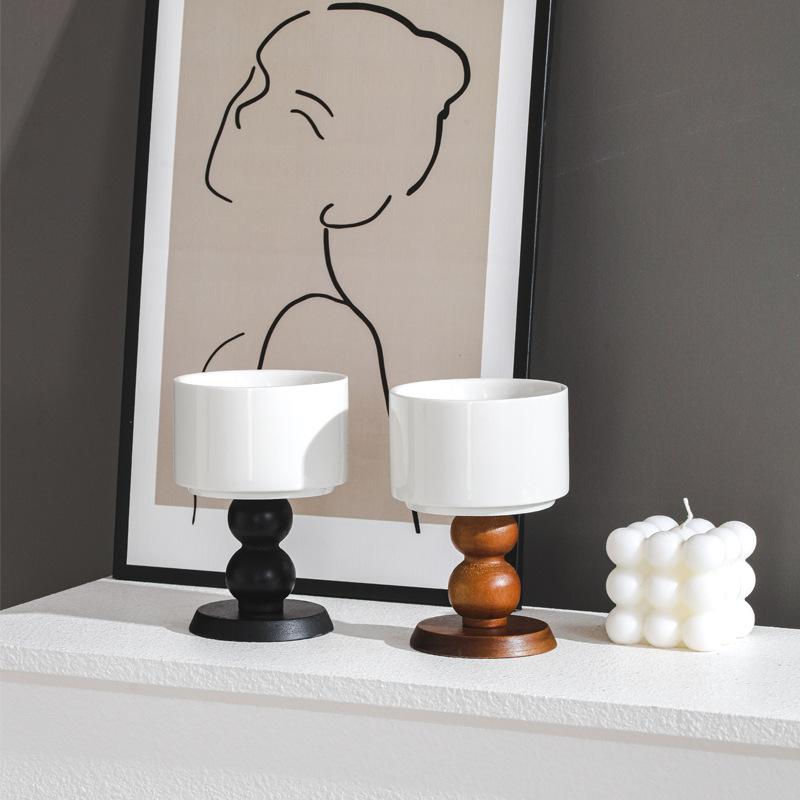 French Vintage Dessert Ice Cream Ceramic Goblet High-legged Retro Wooden Handle Tea Fruit Saucer Pudding Cup Candle Holder