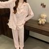 Pink Bow Design Pajamas for Women Long Sleeve Top Elastic Waist Pants Pajamas Set Harajuku Style Casual New Home Wear