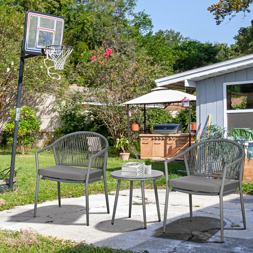 Garden Furniture Set, 2 Chairs & 1 Table with Glass Top, Rattan Look, Weatherproof, Metal Frame, Grey