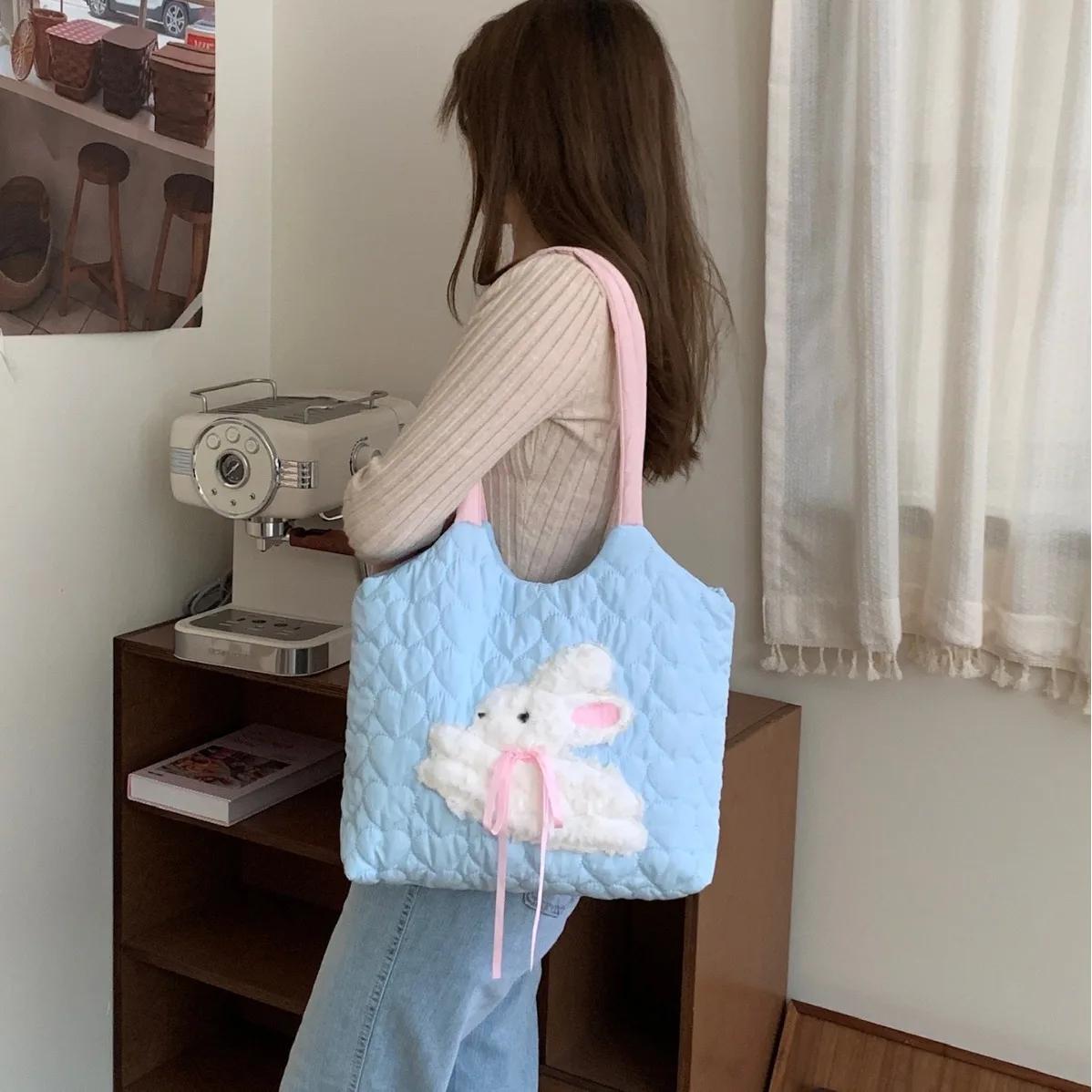 

Large Capacity Women Plush Rabbit Shoulder Bag Contrast Color Female Shopping Bags Love Quilted College Girls Book Tote Handbags синий