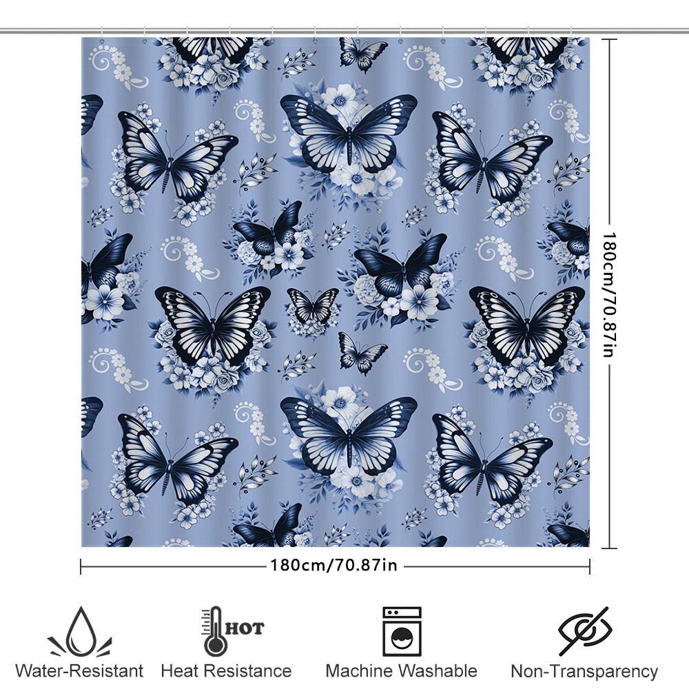 Classic Blue White Butterfly Bath Shower Curtain Set Decorative Shower curtain for Bathroom 3D Printed Waterproof Fabric Size:18