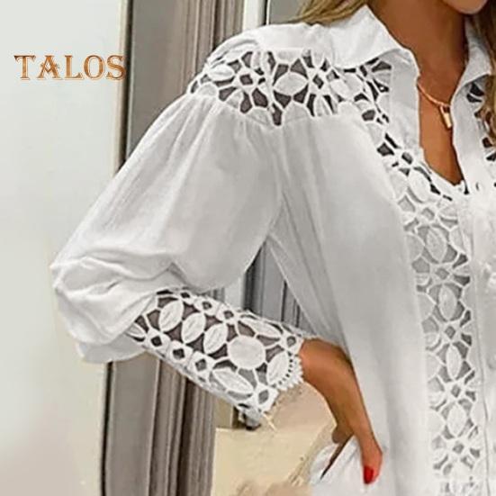 Dámské košilové šaty s klopou, dlouhým rukávem, designem s dutým krajkovým prošíváním, mini šaty se šněrováním, jednobarevné, ležérní letní šaty