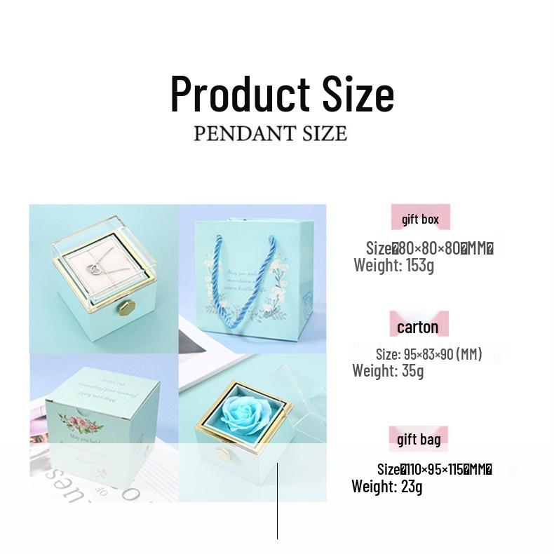 Engraved Stainless Steel Double Ring Heart Necklace with Rotating Rose Jewelry Box