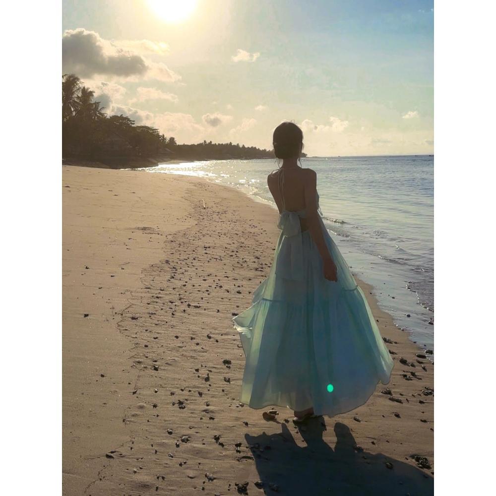 Seaside photo super fairy suspender dress  travel first love wear long dress vacation halter fairy dress