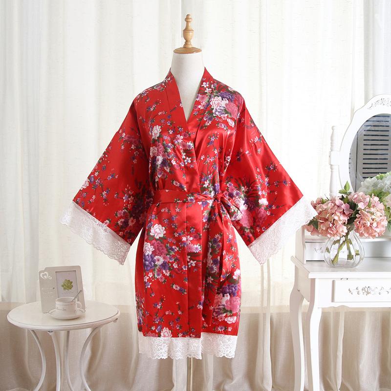 Comfortable Homewear Summer Imitation Silk Lace Floral Floral Robe Short Kimono Bathrobe Cardigan Robe Fashion Temperament Elegant