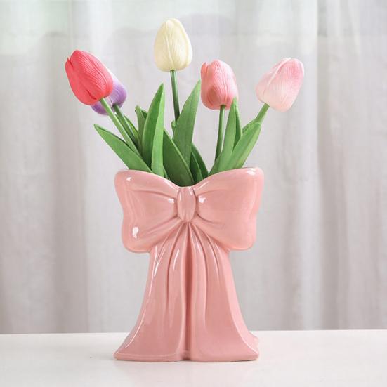 Yousheng Keramikvase mit Schleifendetail Rosa Weiß Schleife/Handtasche/Blumenstrauß Blumenvase für Wohnzimmer Esszimmer Regal Tisch Desktop Deko