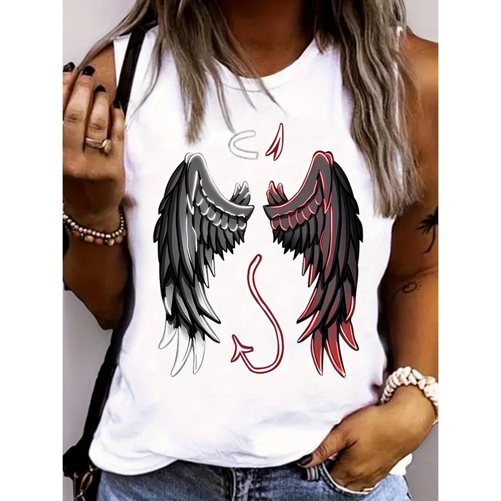 Loose plus size wing pattern printed round neck white vest summer casual sleeveless top women's clothing