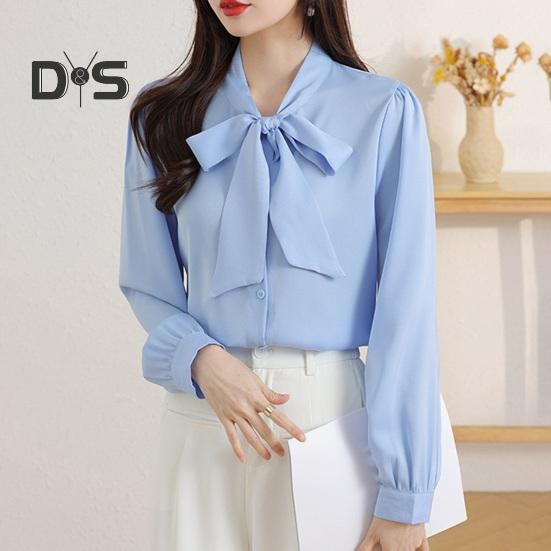 Women Shirt Lace-up Bowknot Collar Long Sleeve Casual Shirt Solid Color Loose Fit Chiffon Shirt Tops Daily Wear