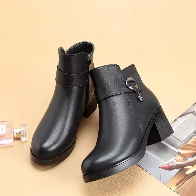 Winter Women Leather Boots Thick Wool Warm Women High-heeled Shoes High Quality Female Snow Boots Fashion Women Ankle Boots
