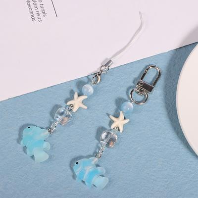 Y2K Blue Sea Fish Starfish Bead Pendant Phone Charm Handmade Sweet Girl Bag Camera Hanging Lanyard Keychain