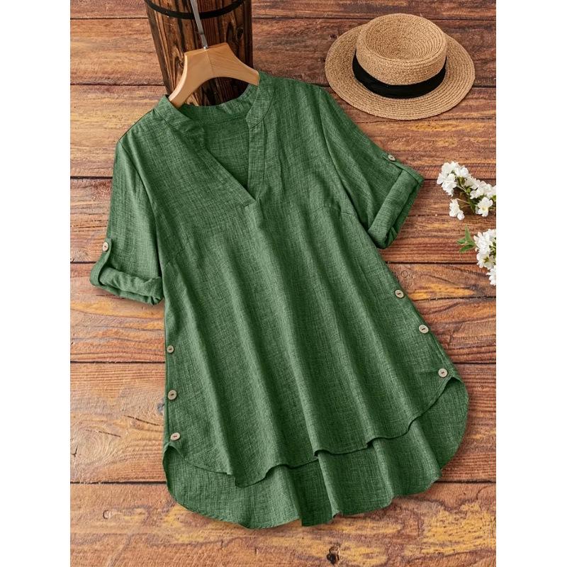 

European Cross 2026 Women s Plus Size V-Neck Short Sleeve Solid Color Elegant Faux Button T-Shirt 2X Large темно-зелений колір