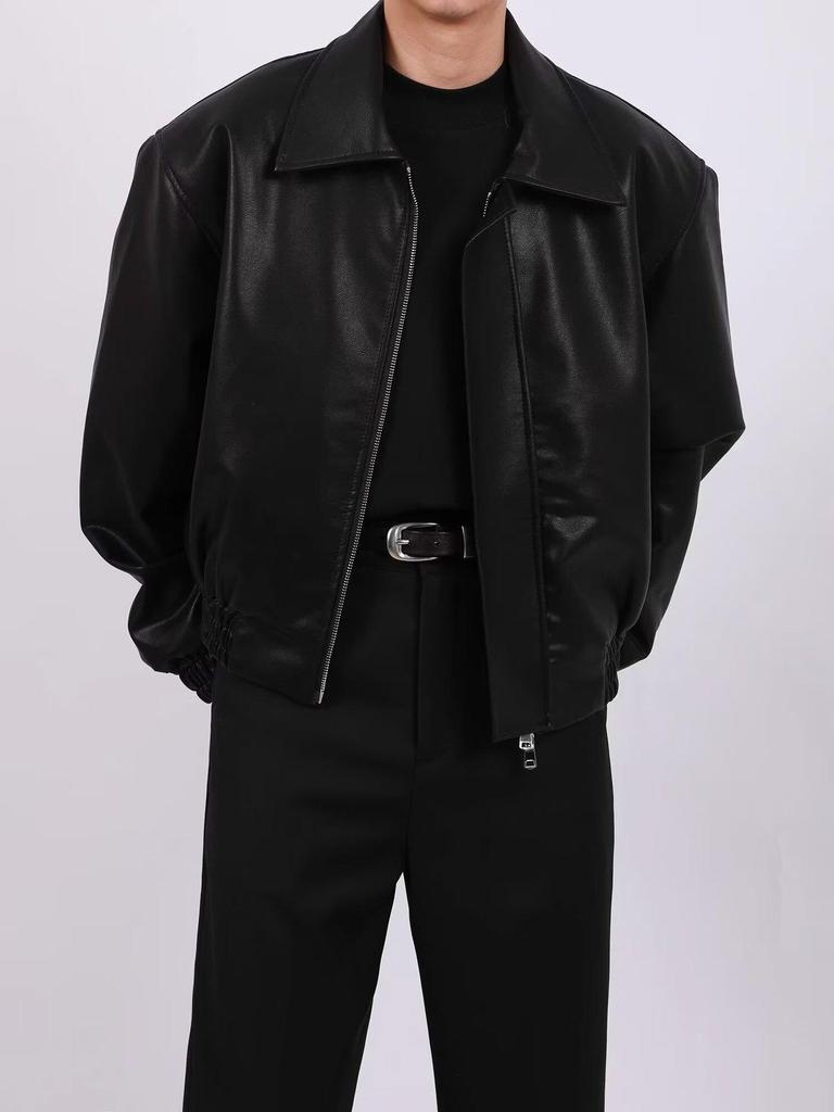 Men's American Retro Cleanfit Leather Jacket - Autumn/Winter Solid Color Loose Fit Cotton Trend