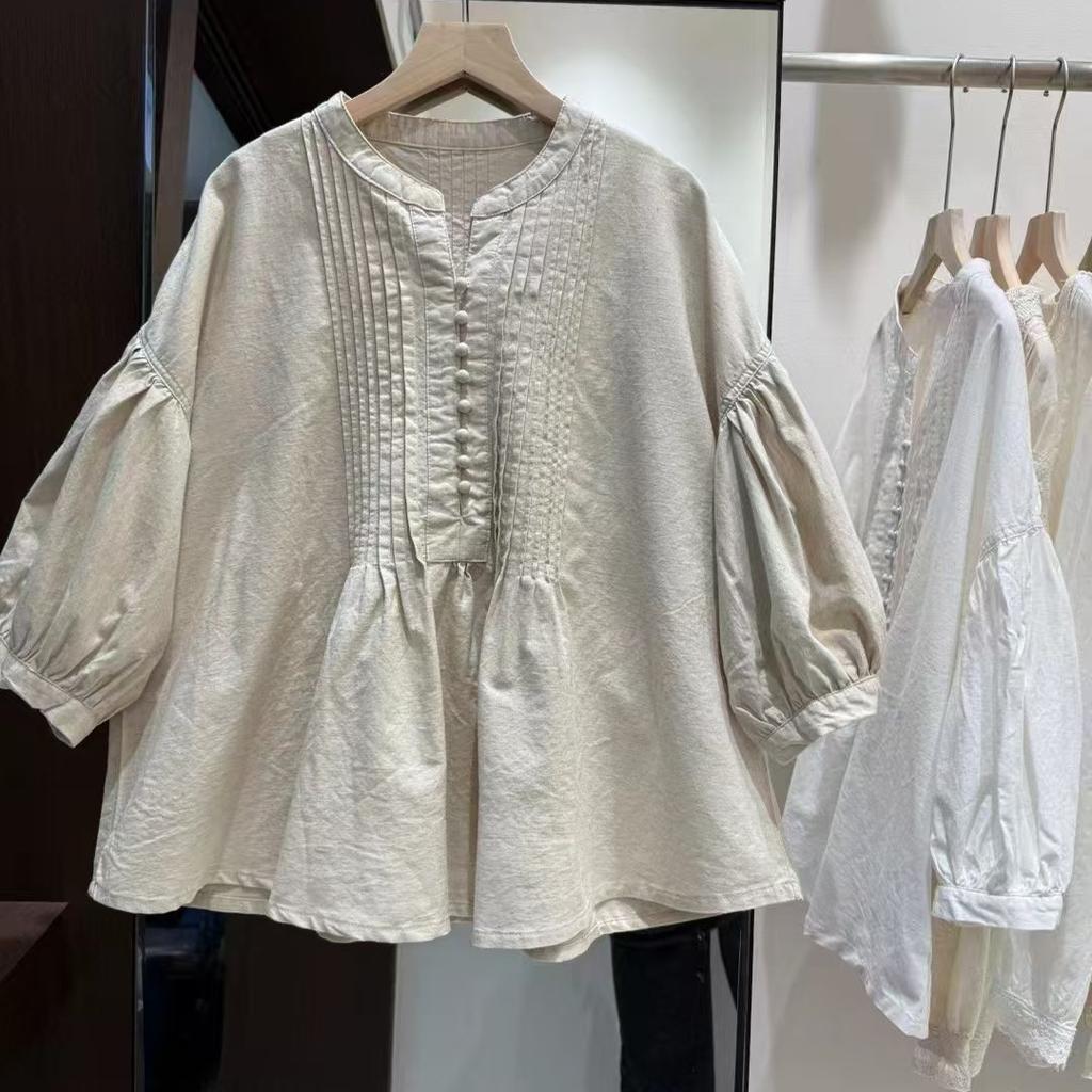 1116 Spring New Women's Crew Neck Japanese Cotton Shirt Loose Shirt Top Cardigan Vintage Mori Women's Clothing Age Reduction
