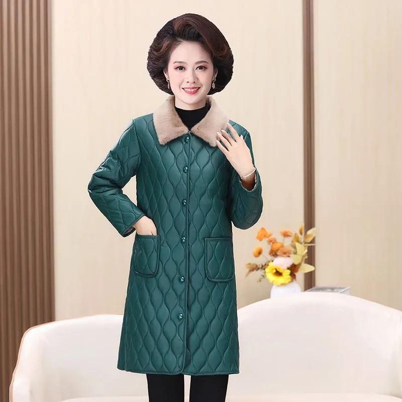 Women's Autumn/Winter Padded Velvet Mid Long Jacket Middle-Aged Female Solid Elegant Plus Size Outerwear