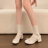 French Lace Bow Mary Jane Small Leather Shoes Women's New Summer Round Toe Block Heel One Buckle Single Shoes