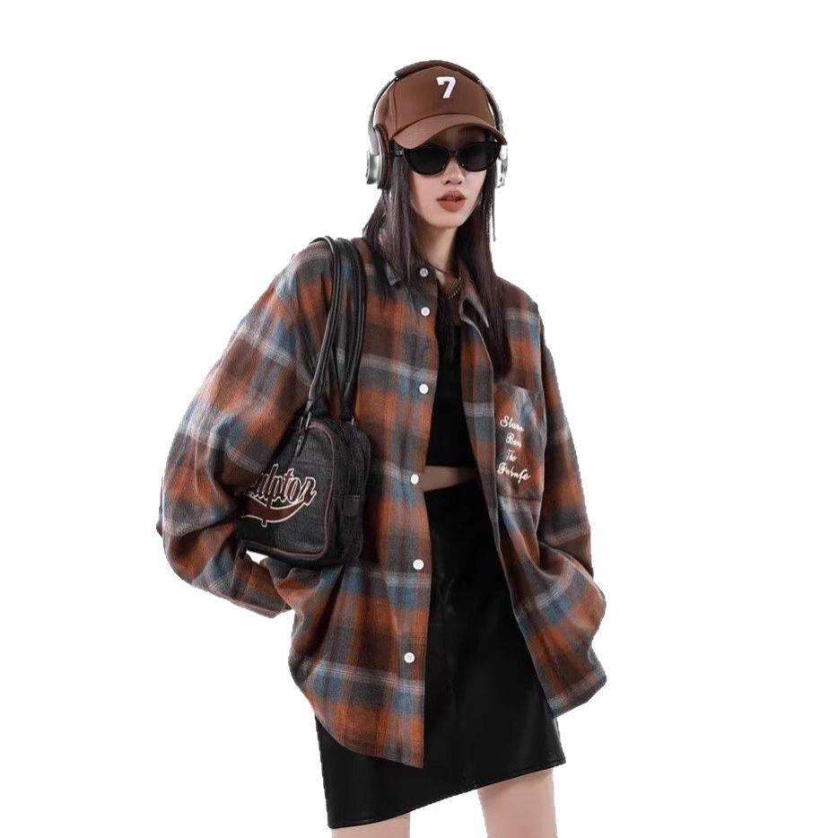 

Мужская рубашка с длинным рукавом в клетку в стиле ретро - Гонконгский стиль, универсальная и свободного кроя Extra Large оранжевый