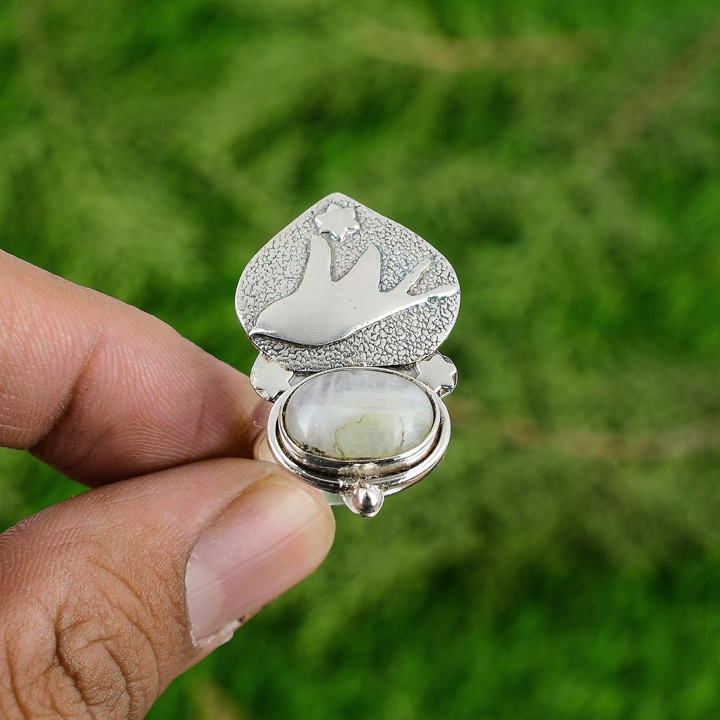 Natural Rainbow Moonstone Promise Bird Adjustable Ring 925 Silver For Girls