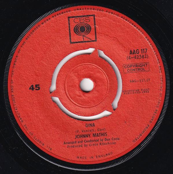 

7-дюймовая пластинка JOHNNY MATHIS Gina AAG117 CBS 1962 UK Поп Б/у