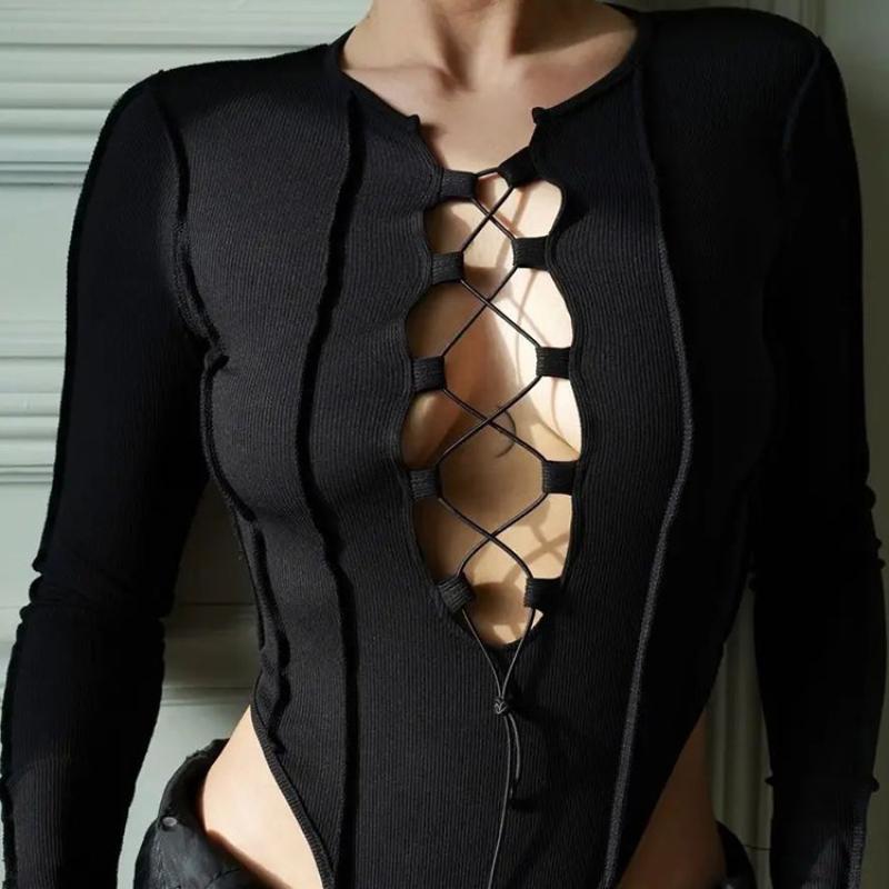 Y2K sexy jaro/léto dámská jednobarevná ležérní kombinéza úzkého střihu s dlouhými rukávy