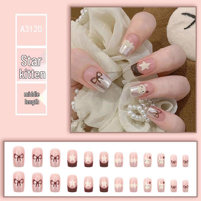 

Звездный Французский Котенок Носимые Мультяшные Патчи для Ногтей с Мороженым - Милые, Крутые Студенческие Повседневные Накладные Ногти