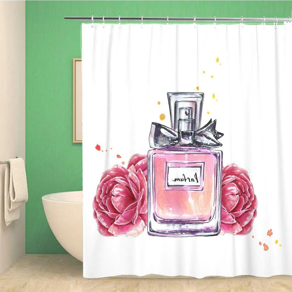 Pink Perfume High Heel Shower Curtain Set Black White Stripes Fashion Girl Woman Bathroom Decor Polyester Bathtub Curtains Hooks