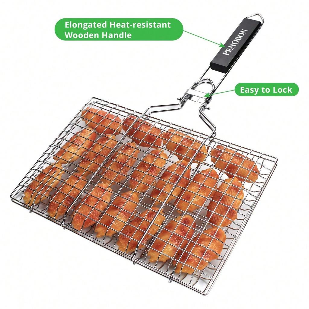 Fish Grilling Basket, Folding Portable Stainless Steel BBQ Grill Basket For Fish Vegetables Shrimp With Removable Handle, Come With Storage Bag