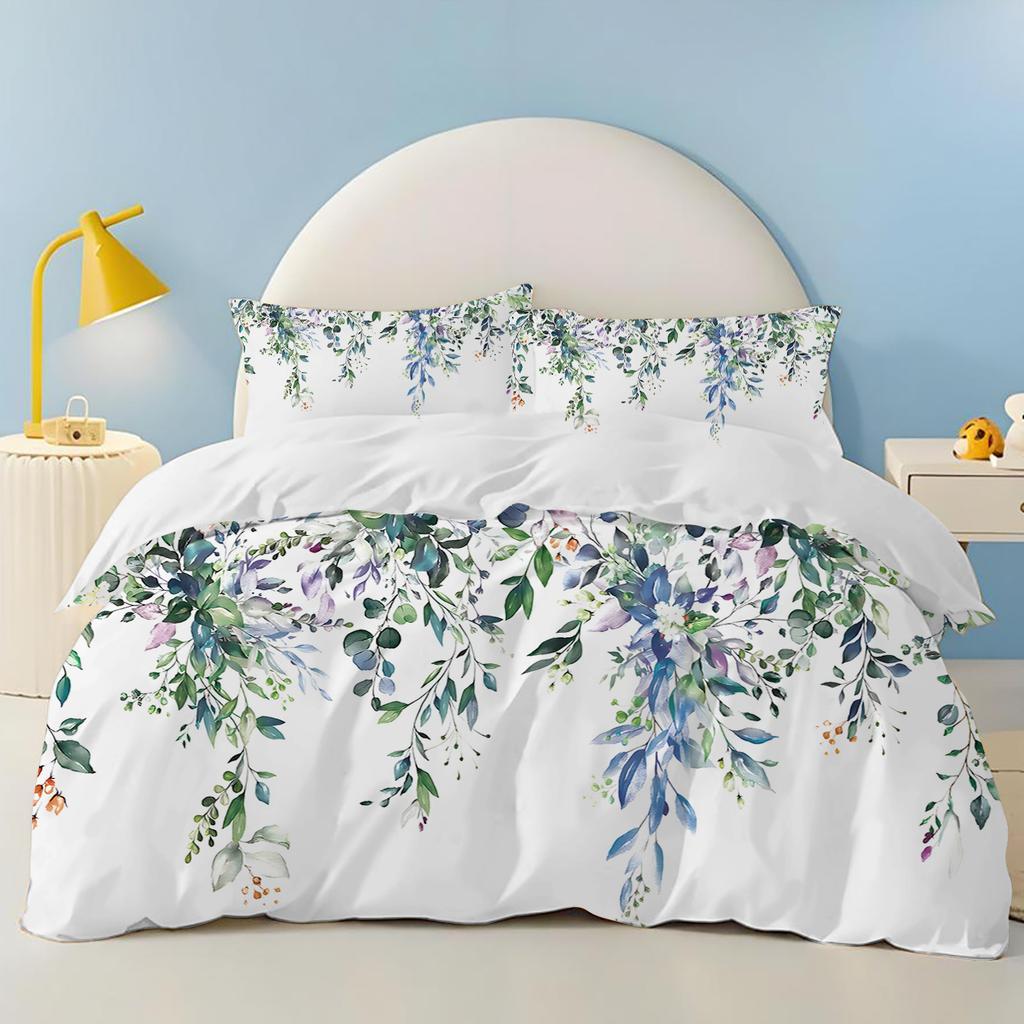 Plants leaves green 100% Polyester Home Decor 3-Piece 1 Quilt Cover One Piece Bedding Set Comforte Exquisite Birthday Gift