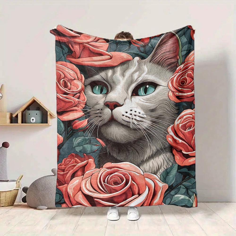 

1pc Floral Cat Lightweight Flannel Blanket, Comfortable and Warm Blanket, for Office and Camping Sofa Bed001 130cmx150cm