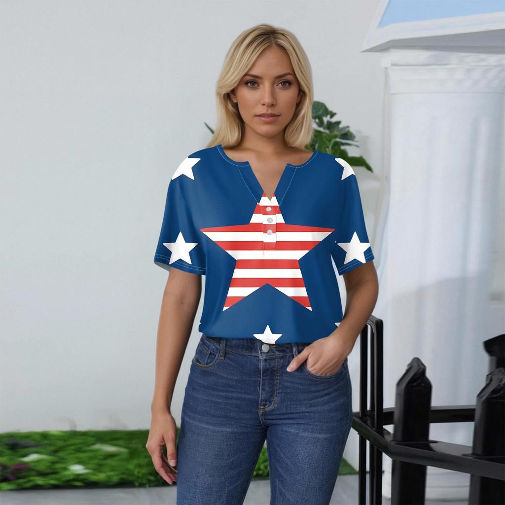 Women's T Shirt Tee Print Button Short Sleeve Daily Weekend Fashion Basic V- Neck Regular Top