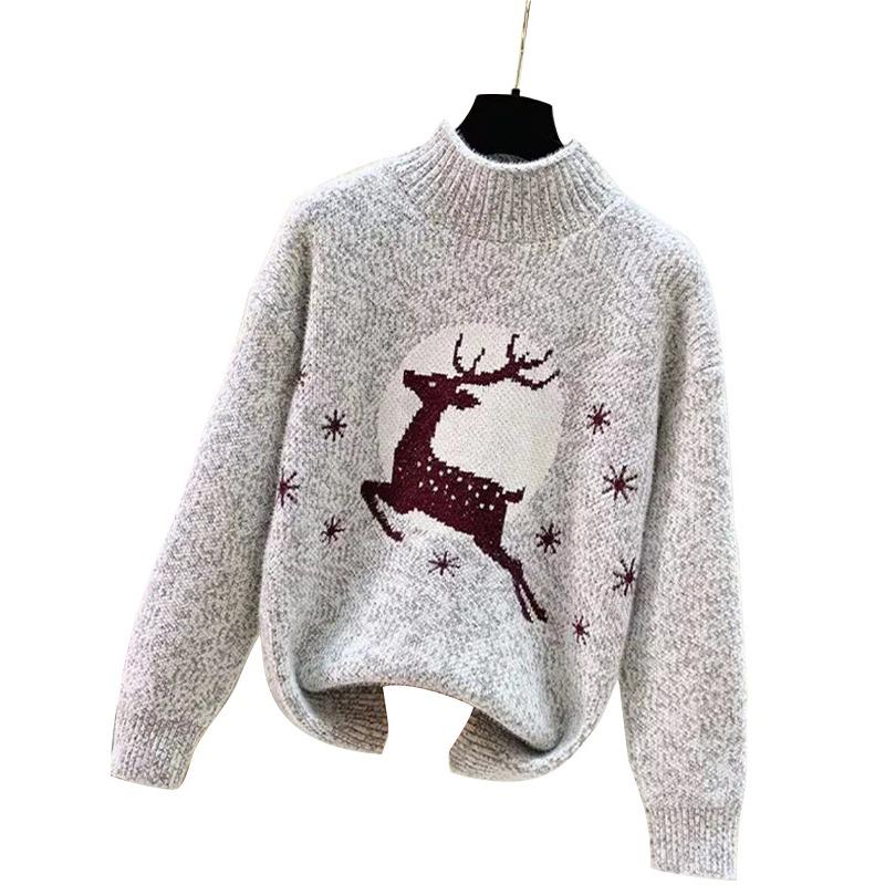 autumn winter Christmas Knitted sweaters Long Sleeve loose Jumper Tops Women half turtleneck Ladies Casual Sweater Pullover y2k S