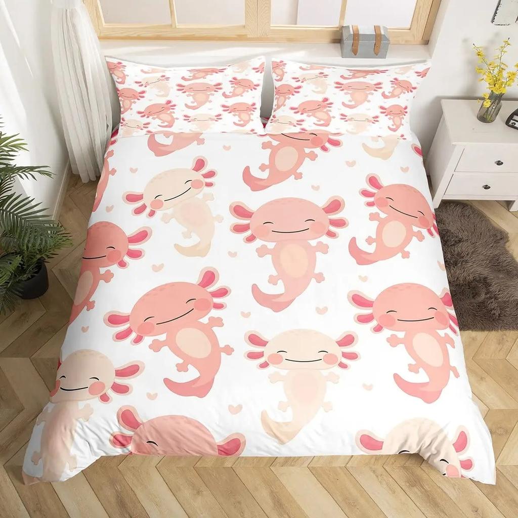 Cartoon Axolotl Cute Sea Animal Reptile Bedding Set Boys Girls Twin Queen Size Duvet Cover Pillowcase Bed Kids Adult