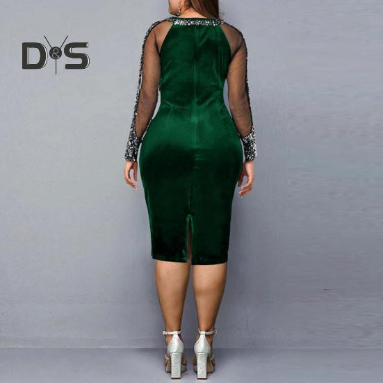 Formelles Damen-Partykleid, Bankettkleid, farblich abgestimmt, glänzende Pailletten, lange Ärmel, Rundhalsausschnitt, Netzstoff, Patchwork, hohe Taille, schmale Passform, Frühlings-Herbst-Abend