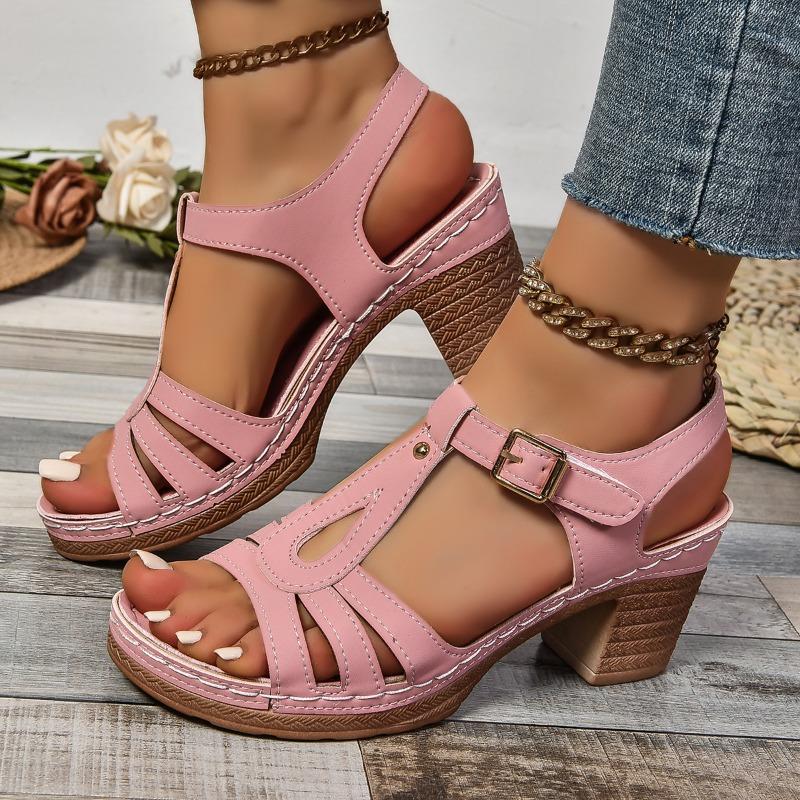 Women's Solid Color Fashion Sandals, Summer T-strap High Heels, Casual Single Strap Non-slip Thick Heel Shoes