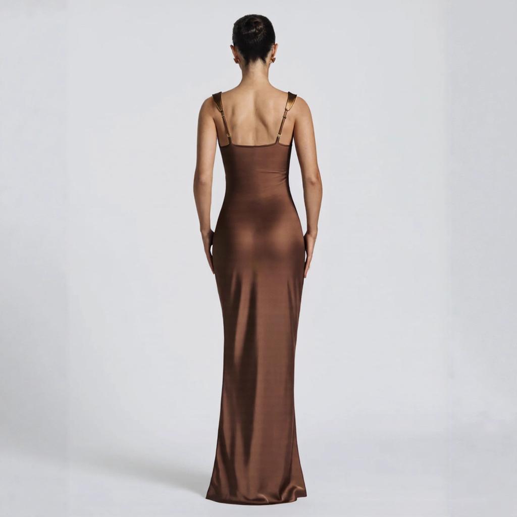 Women Square Neck Sleeveless Dress Satin Ruched Bodycon Maxi Evening Party Gown