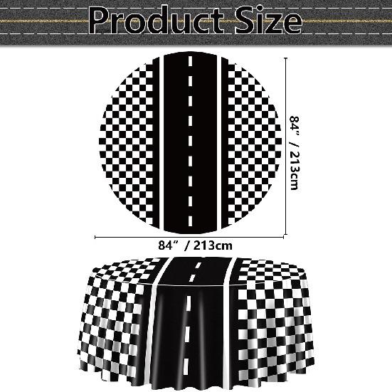 Racing Car Tablecloths for Round Table, Plastic Black Racetrack Tablecover for Kid's Birthday Racing Car Theme Party Fast One Two Fast Party, 84 x