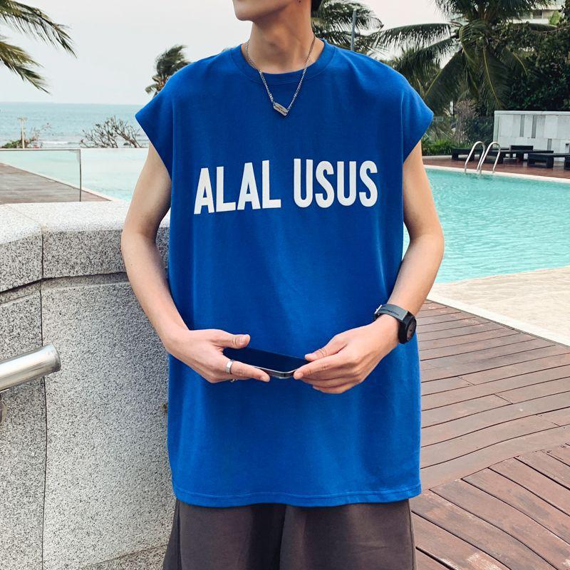 

Хлопковая футболка без рукавов жилет с буквенным принтом модный тренд свободный спортивный жилет 3XL королевский синий