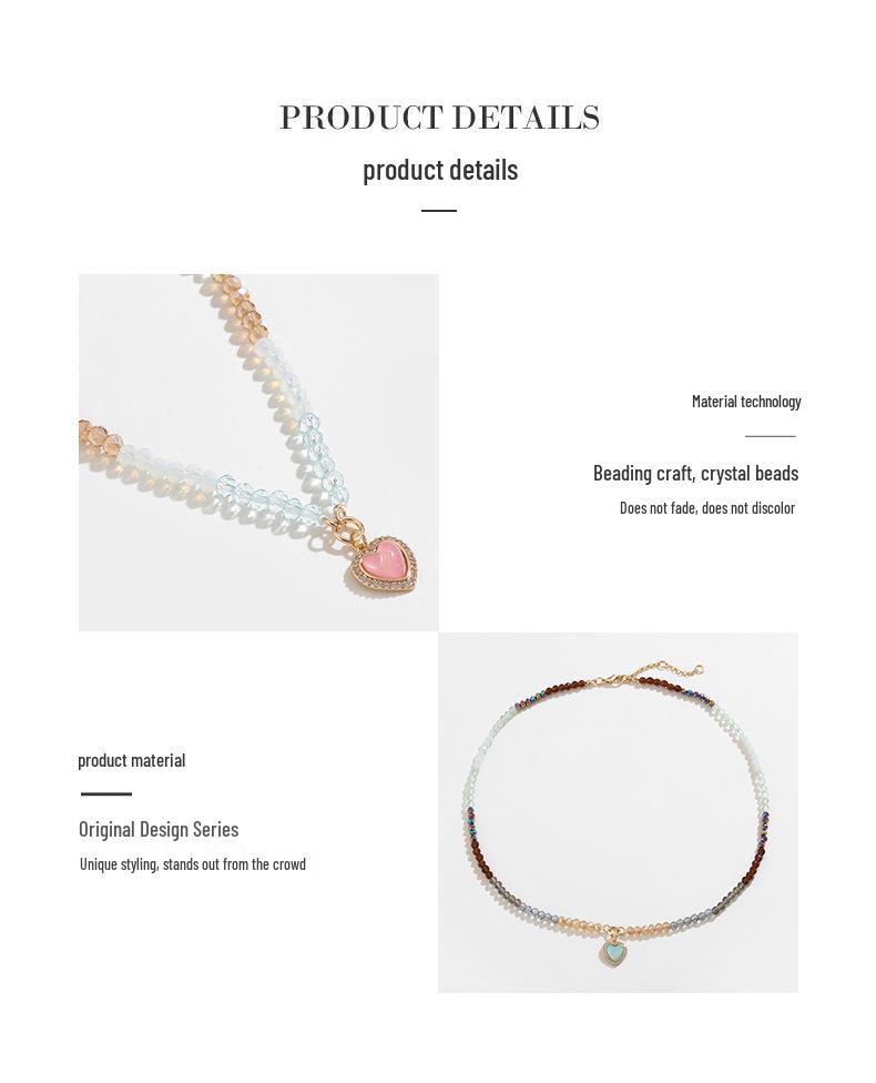 Kenjie Summer Colorful Beaded Necklace with Heart Peach Zircon Charm