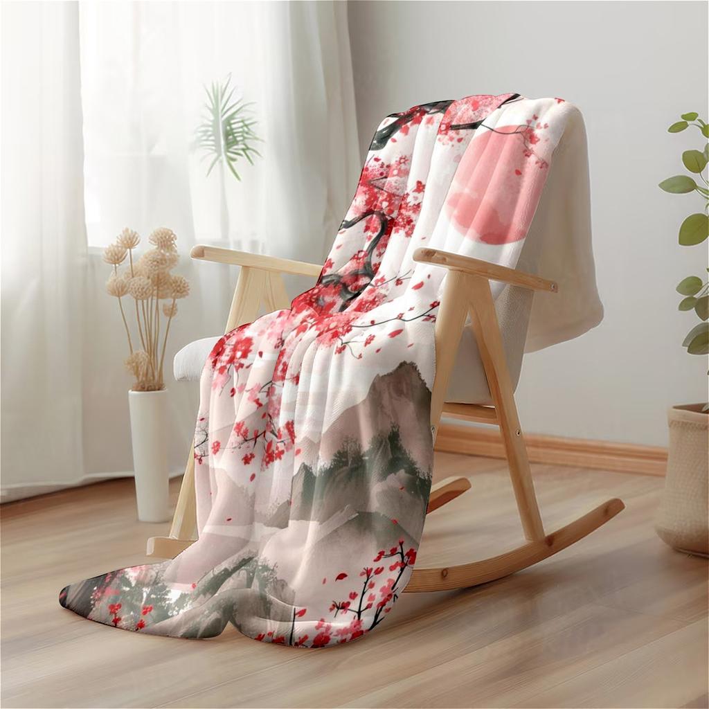 1pc Extra Large Flannel Blanket - Heavyweight All-Season Soft Warm Throw - Cherry Blossom Floral & Mountain Landscape In