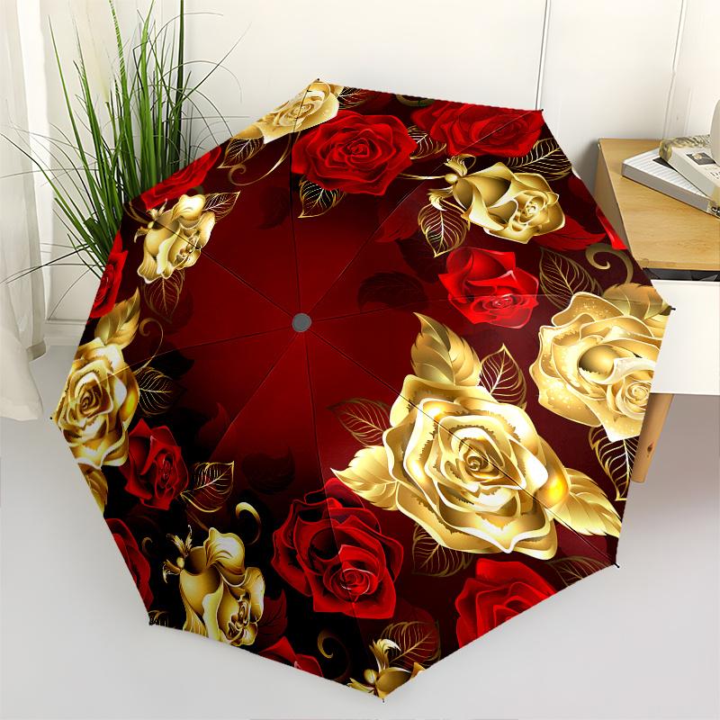 Golden Roses,Red Background Automatic Folding Umbrella 8 Rib Lightweight Design, Durable Iron Frame, Compact and Portable, Perfect Gift Fo