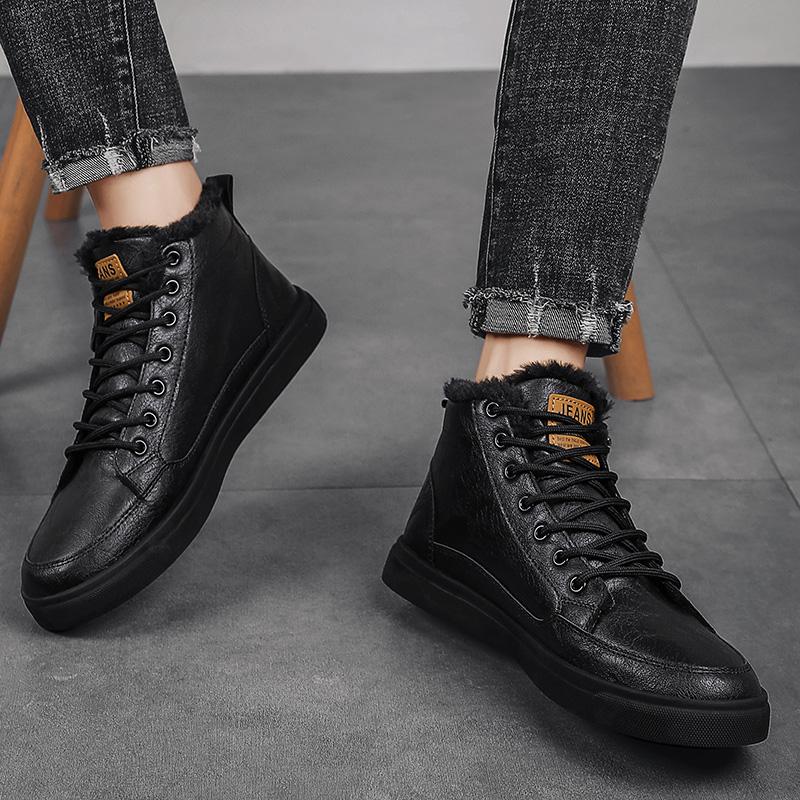 FashionMen Retro Work Shoes high top Autumn Winter Thick Bottom High Top cotton Casual Boot Leather Boots Chelsea plush warm Boots