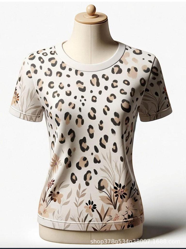 Women's Summer Leopard Print Round Neck Short-sleeved T-shirt