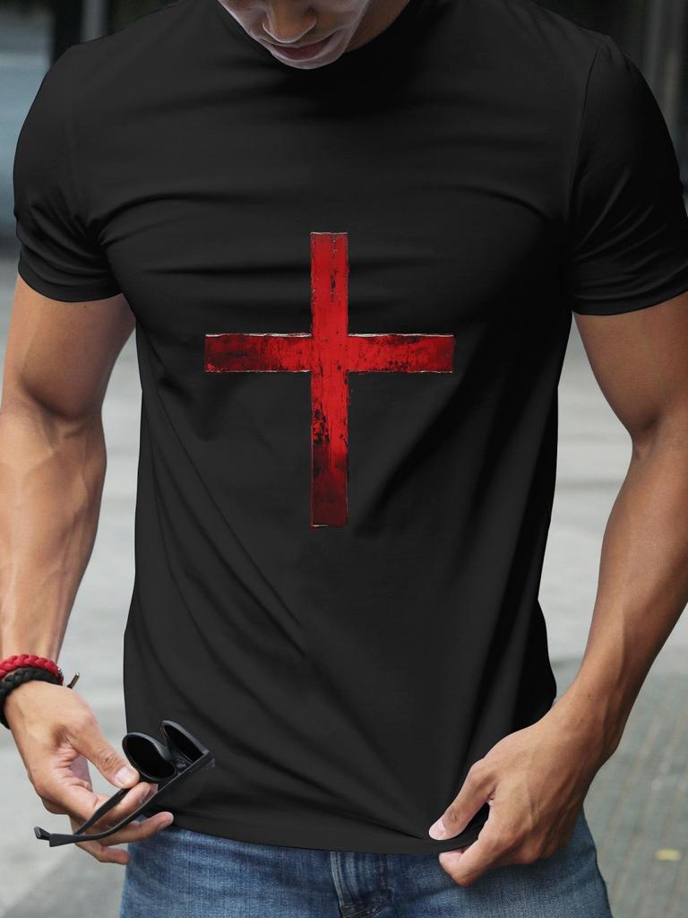 Black Graphic T-shirt with Bold Red Cross & White Block Letters Design - 180g Cotton Crew Neck Short Sleeve Tee