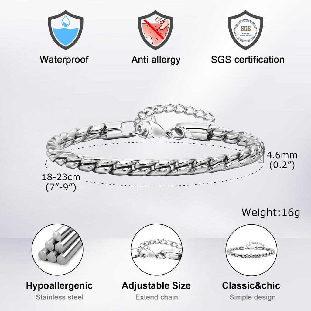 Vnox Pulseras de Cadena de Eslabones de Serpiente Punk para Hombres, Pulsera de Cadena Retorcida de Acero Inoxidable Color Negro Plata Brillante, Joyería Cómoda para Llevar