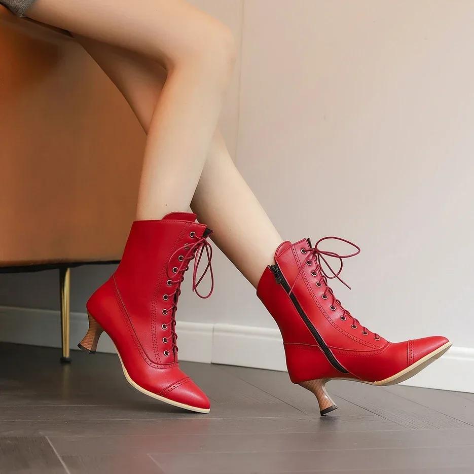Krótkie damskie buty na wysokim obcasie w stylu brytyjskim, szlachetne botki rycerskie ze szpiczastym noskiem, sznurowane na krzyż, botki do kostki, średniowieczne buty retro