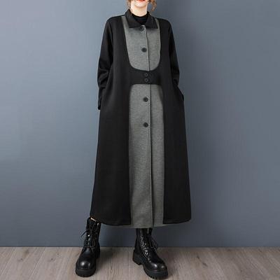 Long Sleeve Oversized Cotton Vintage Black Patchwork Casual Loose Autumn Spring Winter Trench Coat for Women Outerwear