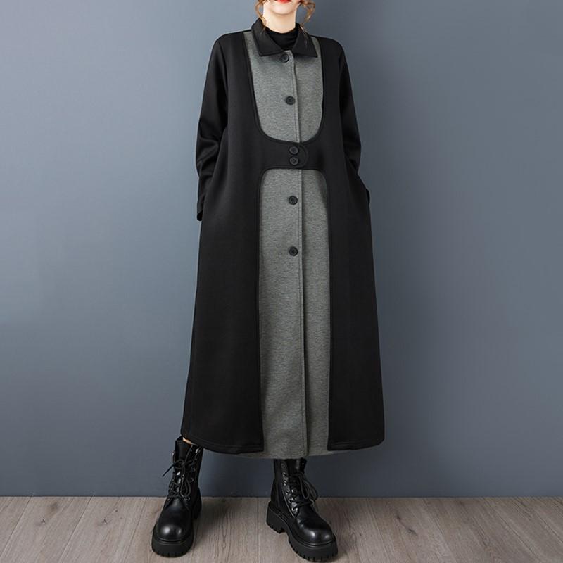 Long Sleeve Oversized Cotton Vintage Black Patchwork Casual Loose Autumn Spring Winter Trench Coat for Women Outerwear