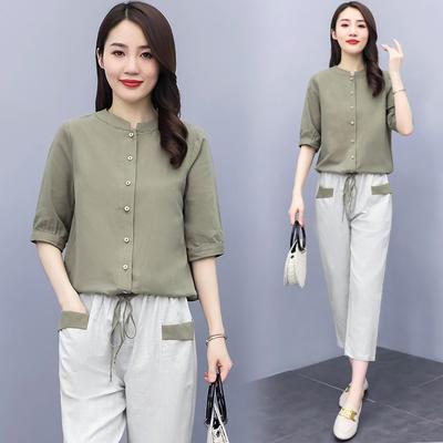 Conjunto de dos piezas de talla grande para mujer para primavera, verano y otoño, camisas finas que cubren la carne con botones y pantalones casuales de pernera ancha respetuosos con la piel.
