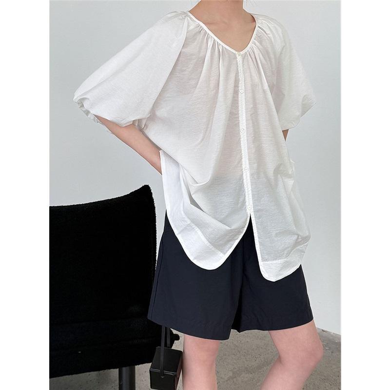 French V Neck Loose Puff Sleeve Shirt For Women Summer Reversible Cardigan Casual Top Loose Fit Blouse Comfortable Women's Shirt Stylish Top