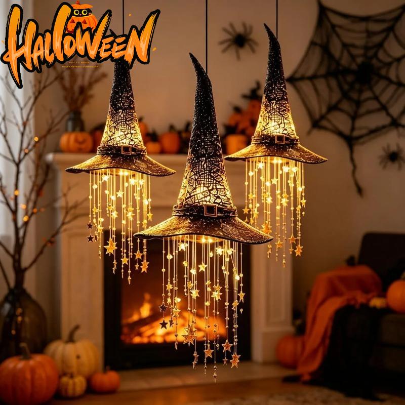 Lighted Witch Hat Hanging Chime, Halloween Outdoor Ornament, Glowing Mesh Cascading Stars, Black Frame Decoration, Party Decor